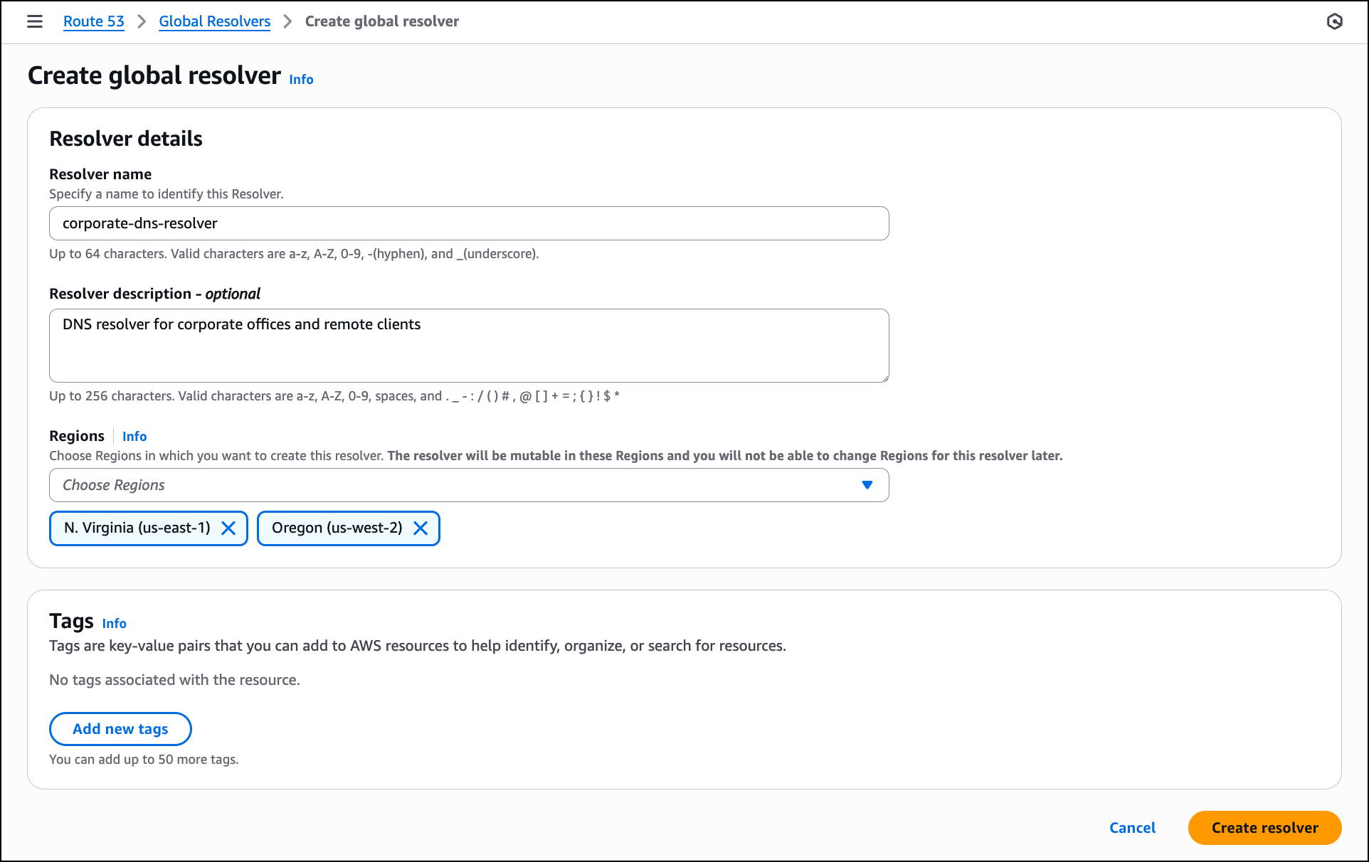 Arquitectura de configuración de Route 53 Global Resolver